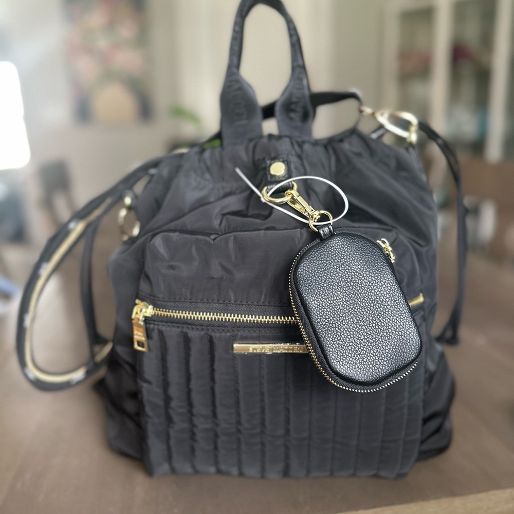 NWT Steve Madden BRUE TOTE Black Quilted Backpack Crossbody with Coin Pouch
